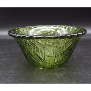 Vintage Indiana Glass Small Dessert Bowl Weavetex Avocado Green Basketweave